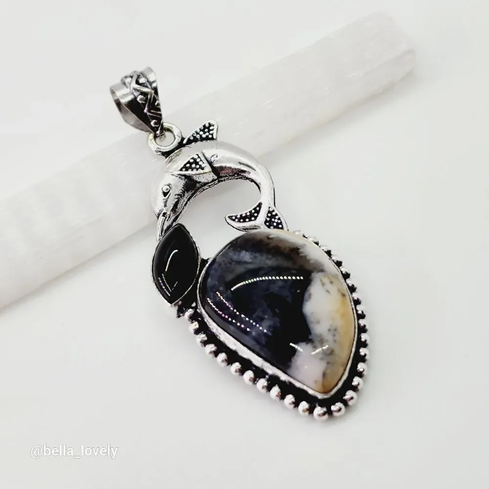 Dolphin Dendrite Opal Black Onyx Ethnic Handmade Pendant Jewelry 2.72